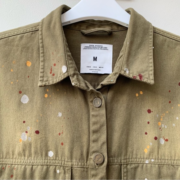 Zara khaki denim shacket chore shirt jacket paint splatter size medium - Picture 7 of 10